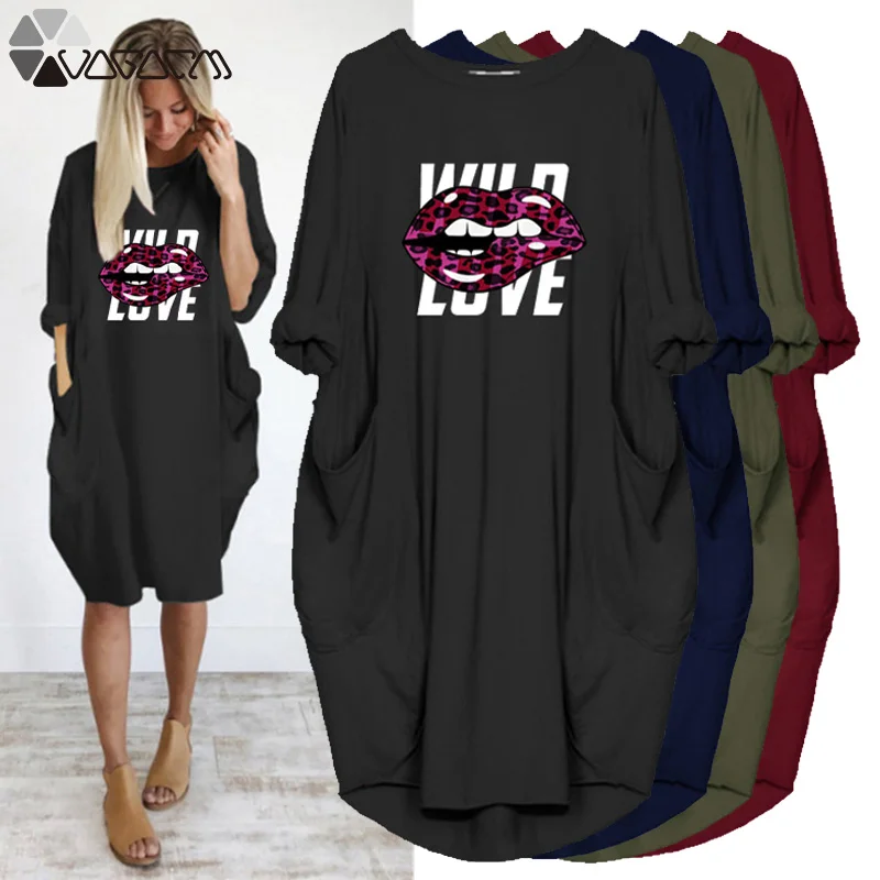 

Plus Size 5XL Women Midi Dress Lips Letter Print Long Sleeve O Neck Pocket Harajuku Casual Party Streetwear Vestido Robes Femme