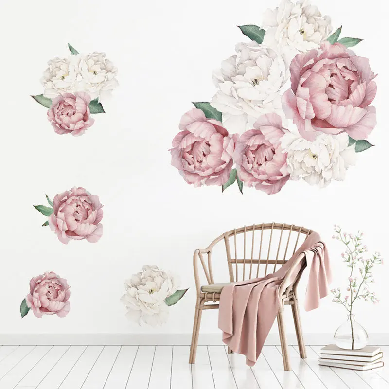 Розовые, белые, акварельные, пионные цветы, наклейки на стену для детской комнаты, гостиной, спальни, украшения для дома, настенные наклейки, домашний декор, цветочные