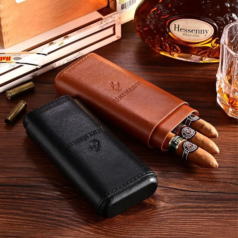 Portable Cow Leather Cigar Case Cedar Wood Lining Moisturizing For 3 Sticks Small | Дом и сад