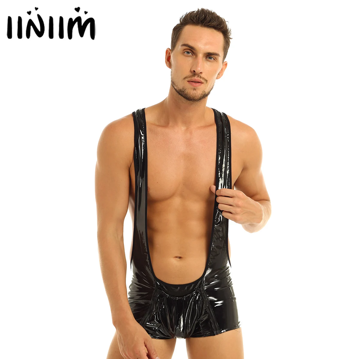 

Mens Wetlook Evening Party Bar Show Costumes Patent Leather Open Bra Jockstraps Bulge Pouch Underwear Lingerie Bodysuit Jumpsuit