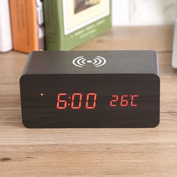 

Wooden Clock Voice Control Silence Electronic Clock Wireless Charger Wooden LED Alarm Clock Sound Control Time Date Temperature