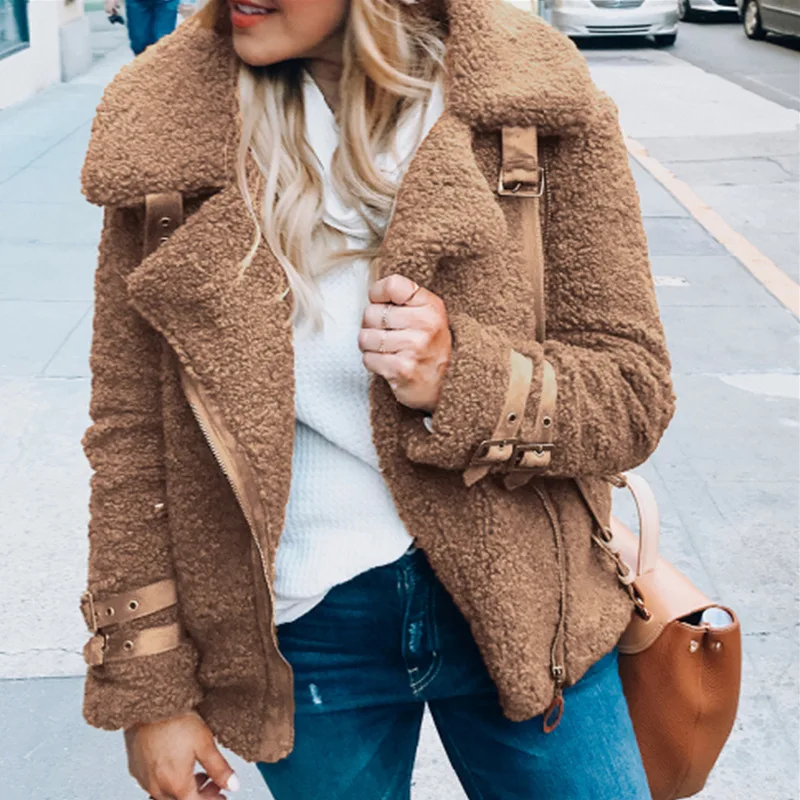 

2019 Winter Solid Zipper Women Fur Coats And Jackets Casual Turn-down Collar Plush Cardigans Coats Ladies Jackets cwf0203-5