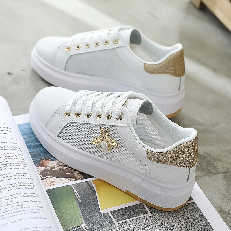 

Spring autumn woman running shoes White Fashion bee Rhinestone woman sports shoes casual Mesh basket femme sneakers women K2-64