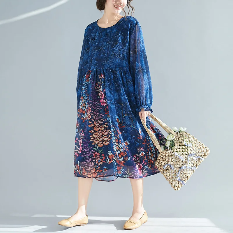 

2019 Fat Mm Spring WOMEN'S Dress New Style Mid-length Loose And Plus-sized Chiffon Dress Printed Beach Skirt