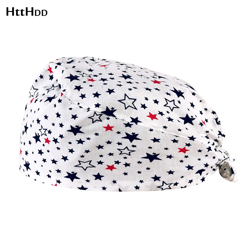 

fashion Beauty Salon scrub cap cotton Pet Grooming Agency gourd hat unisex Chemotherapy Beauty Hat White Stars print Frosted cap