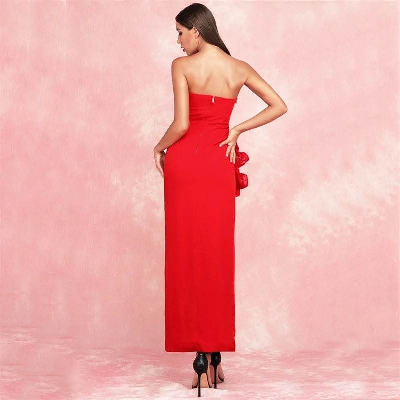 Красное Кружевное лоскутное длинное женское платье, новая мода, без бретелек, с разрезом, бодикон, Vestidos, знаменитостей, для вечеринки, клуба, Макси платья