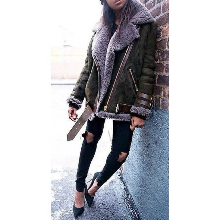 Women's Winter Fashion Zipper Pocket Decor Faux Fur Fleece Linen Coat Outwear Warmer Biker Motor Aviator Jacket