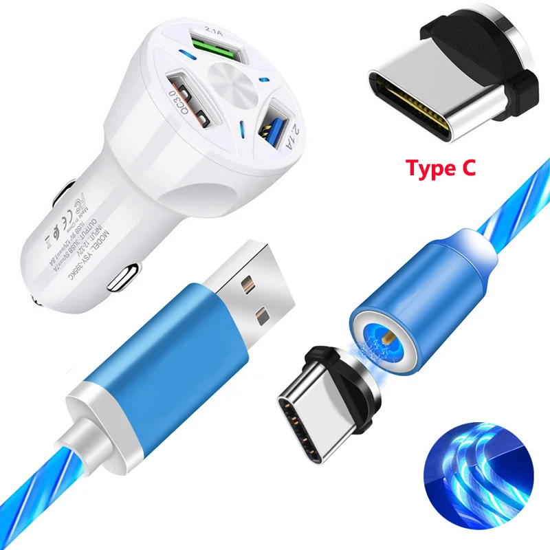 Магнитный usb type-C USB кабель, течёт светодиодный кабель для быстрой зарядки, автомобильное зарядное устройство для Xiaomi 8 9 SE 9T Pro samsung S10 Plus S10E кабель