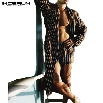 

INCERUN Fashion Men Striped Robes Sets Sleepwear Sexy Long Sleeve Lace Up Bathrobes Shorts Men Nightgown Sets Homewear With Belt