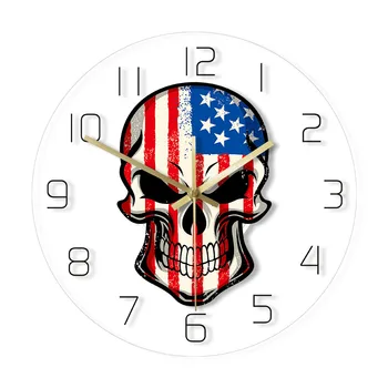 

Skull Painted in USA Flag Blue Red White America Skull Head Acrylic Wall Clock US Patriotic Wall Decor Hanging Silent Wall Watch