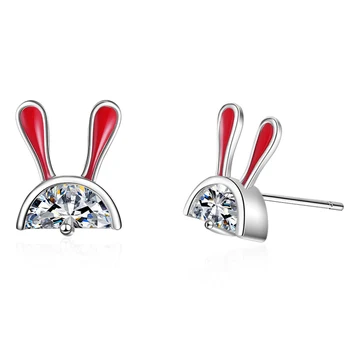 

Cute Small Luxury Bling Red Bunny Rabbit Zircon 925 Sterling Silver Stud Earrings For Women Korean Fashion Cartoon Jewelry Gifts