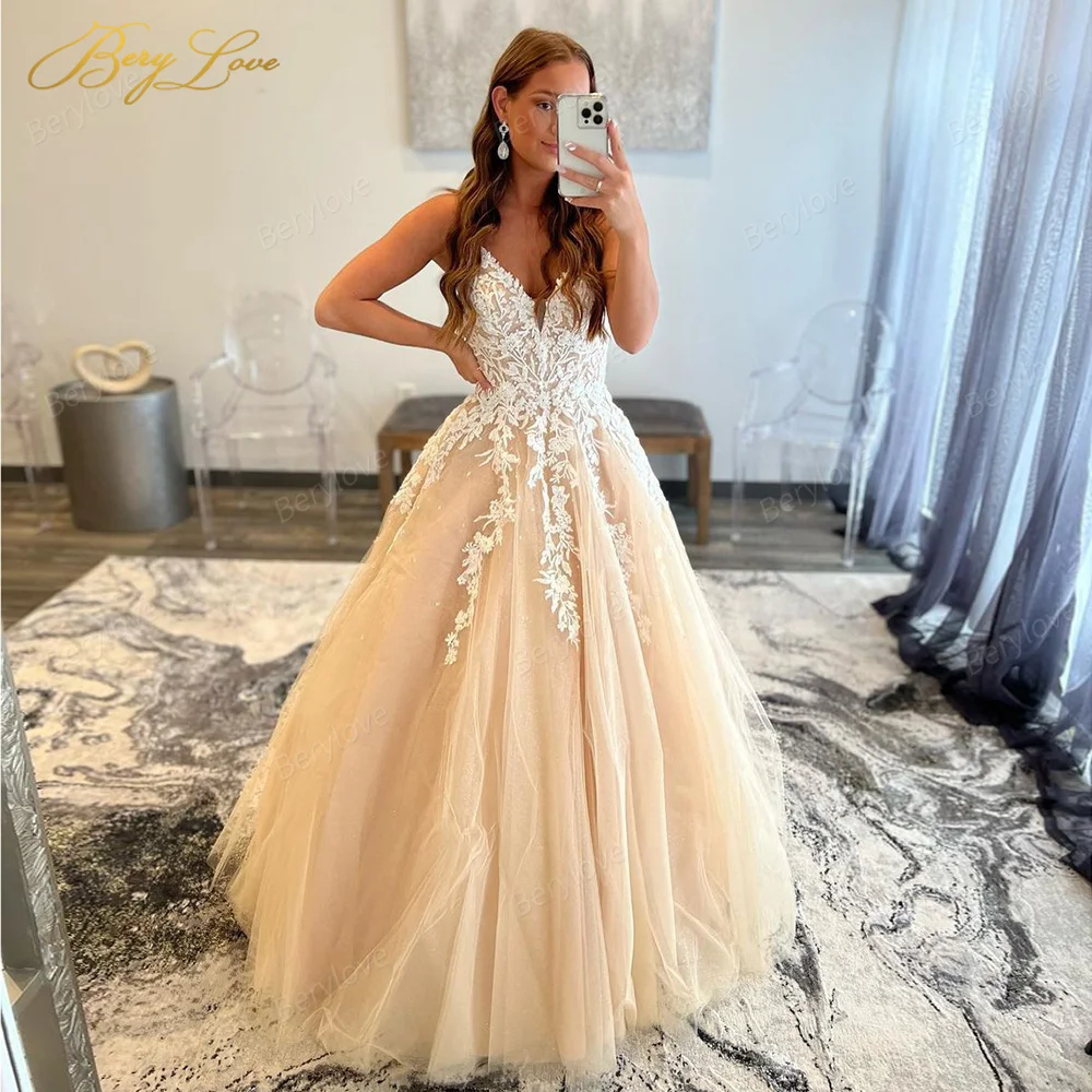 

Berylove Elegant Prom Dresses Formal Tulle Evening Party Dress A Line Long Applique Party Dress Lace Up vestidos de fiesta Women