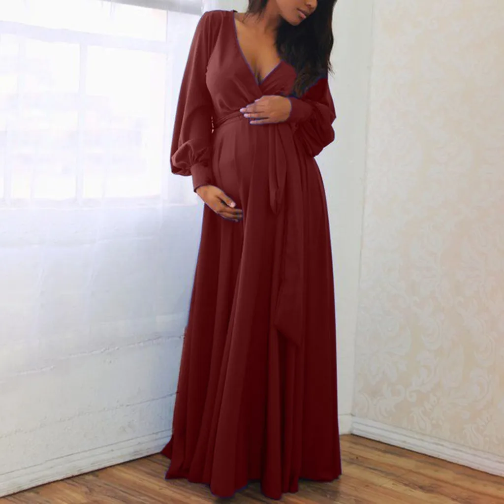 TELOTUNY женское сексуальное платье для беременных с v-образным вырезом и длинным рукавом, сплошное сексуальное платье с оборками для беременных, длинное платье с поясом ZA27