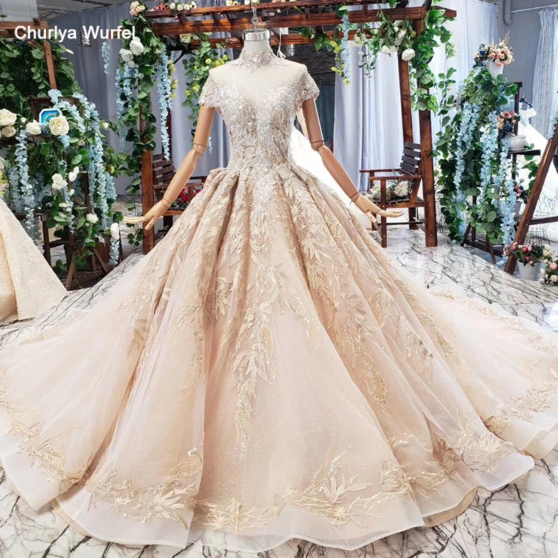 

HTL704 new wedding gowns with train high neck short sleeve lace up open back pleat women wedding dress свадебное платье короткое