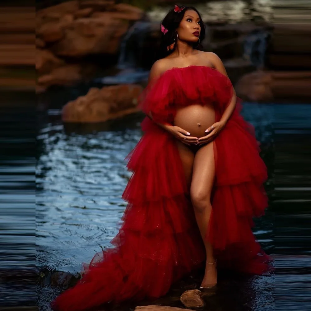 

Sexy Bridal Maternity Robes Hi Low Red Strapless Long Ruffled Tulle Maternity Dresses Custom Made Photo Shoot Gowns