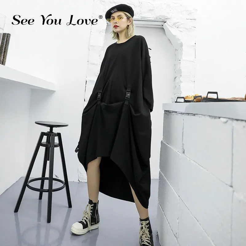 

See you love Women Black Bukcle Asymmetrical Long Dress New Round Neck Long Sleeve Loose Fit Fashion Tide Spring Autumn 2019 new