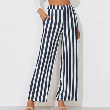

Women Pants Striped Wide Leg Pants Ladies Casual Elastic Loose High Waist Trousers Female Strip Long Pants pantalones mujer