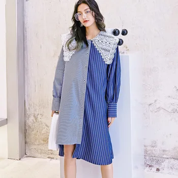 

LANMREM can ship hit colro blue Stripe Shirt style Dresses for women 2020 spring new Irregular Lace patchwokr Loose cloth YH897