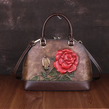 

New Style Chinese-style First Layer Leather Bag Rose Embossed Vintage WOMEN'S Leather Bags