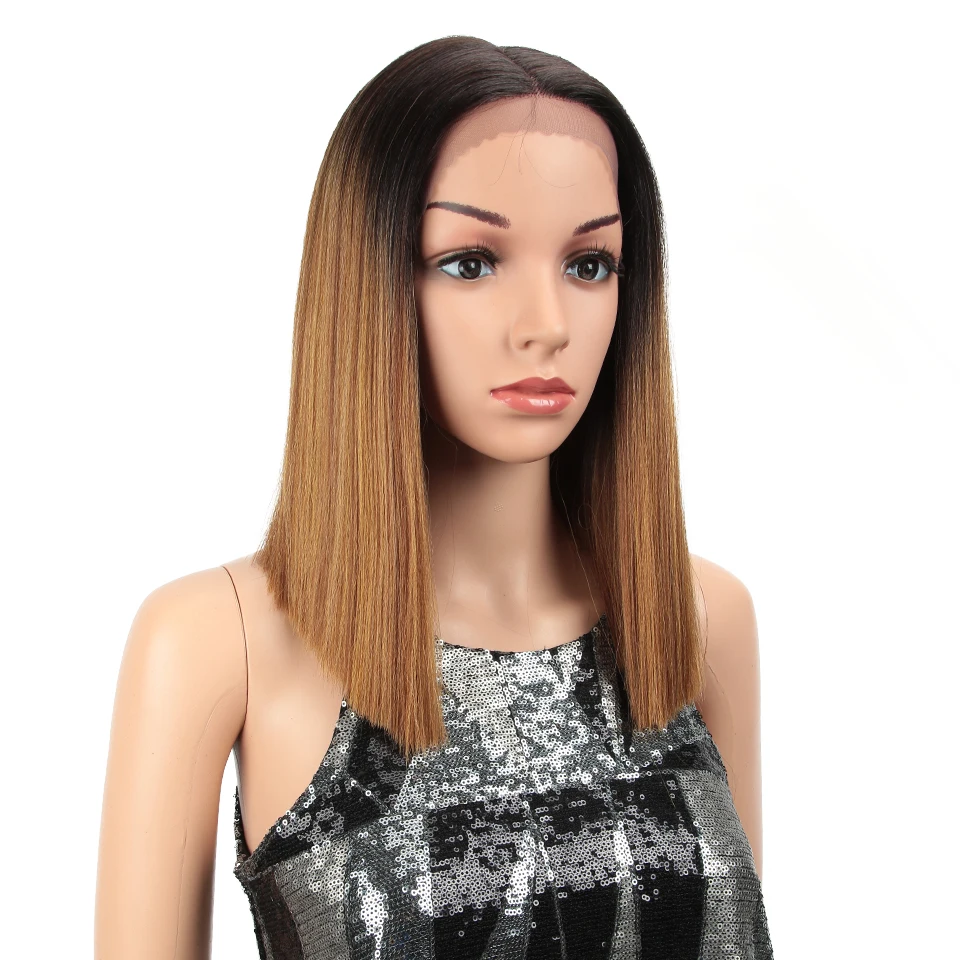 Магический афроамериканский синтетический парик 1" короткий Омбре черный средняя часть коричневый цвета прямые синтетические парики на кружеве для женщин
