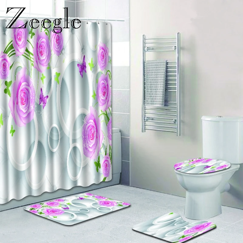 Zeegle 4pcs Bath Mat Set Waterproof Curtain with Hooks Flannel Absorbent Toilet Pedestal Soft Anti Slip Foot Mat Bath Toilet Set