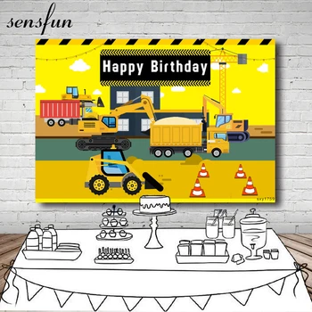 

Sensfun Construction Party Photography Background Yellow Decor Boys Backdrop Dump Truck Bulldozer Photo Studio Prop Banner