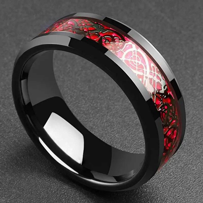 Domineering Man Ring Red Green Carbon Fiber Black Dragon Inlay Comfort Fit Stainless steel Rings for Men Wedding Band gift | Украшения и