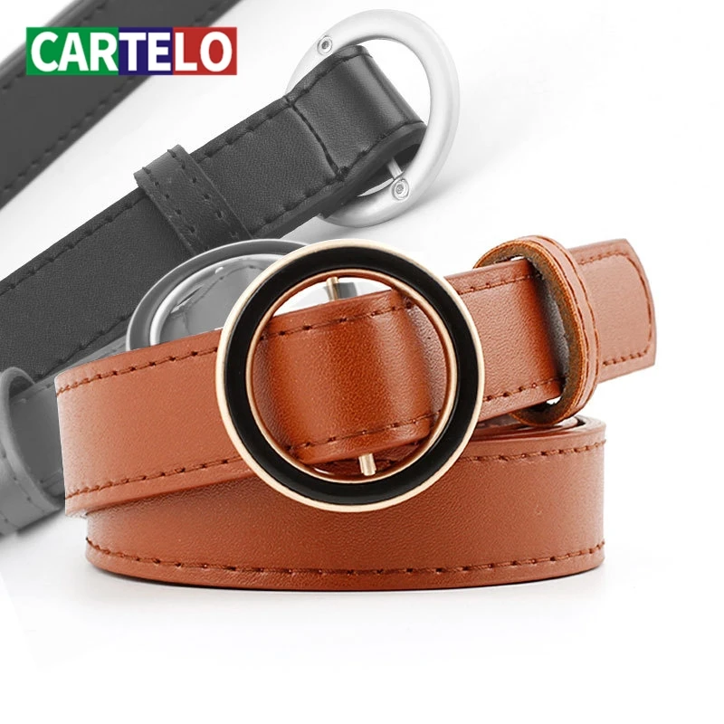 

CARTELO Quality cow skin strap female girdle for jeans Fashion Round Ring buckle belt woman Genuine leather belts for women