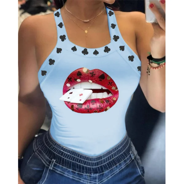 Summer Ladies Harajuku Shirts Slim Fit Polyester Sleeveless Top Tshirts Tank Tops Women U Neck Letter Print Lips Vest D6H284BL