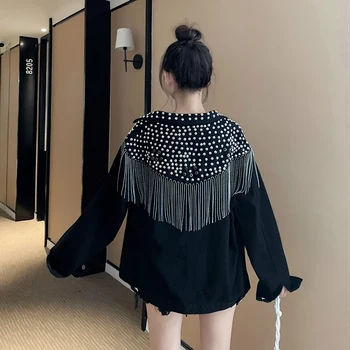 

Women's Denim Jackets 2020 Autumn Streetwear Jacket Jeans Women Hand-studded Rivet Tassel Chain Jeans Jacket Loose Black Coats