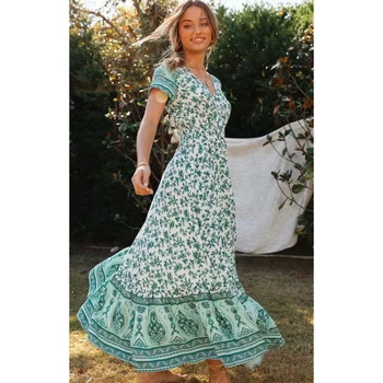 

Floral Printed Hippie Maxi Dress Short Sleeve V Neck Vintage Vestidos Summer 2019 Beach Boho Casual Clothes long Women Dresses