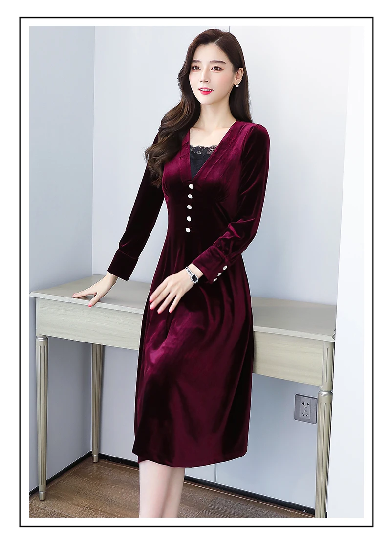 בתוספת גודל סתיו חורף בציר זהב קטיפה חם Vestidos 2021 נשים אופנה שמלות משרד ליידי המפלגה Bodycon מסלול Midi שמלה