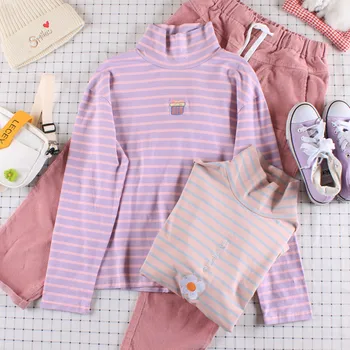 

New Japanese Small fresh Striped Embroidery Loose Hoodie Harajuku Cotton Slim Inside High Collar new Teen Girls Sweatshirt Tops