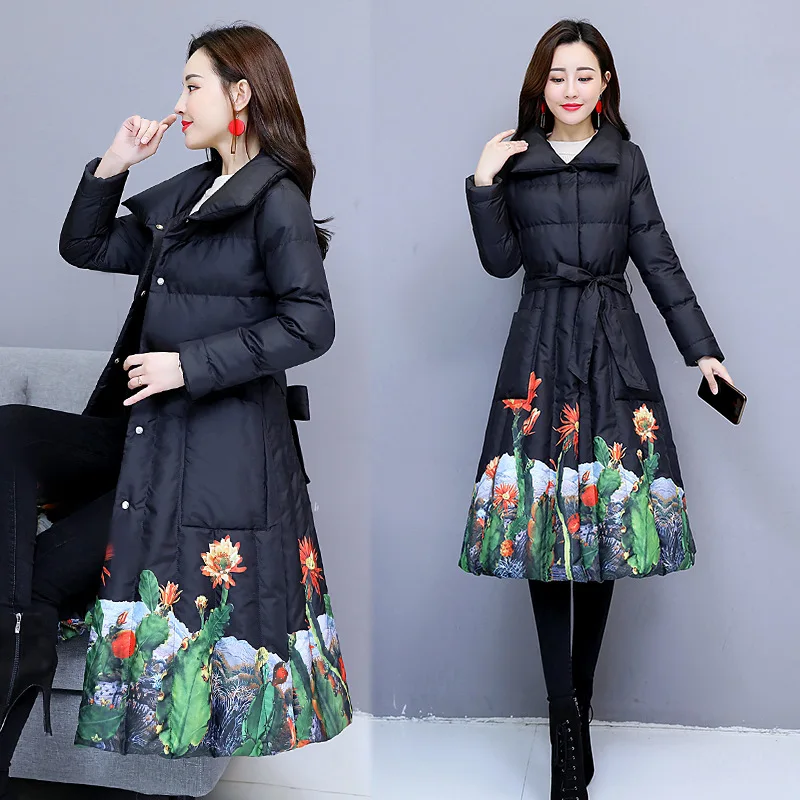 

2018 Winter New Style Slim Fit Waist Hugging Slimming down Jacket Cotton-padded Clothes Printed Mid-length Cotton-padded Clothes