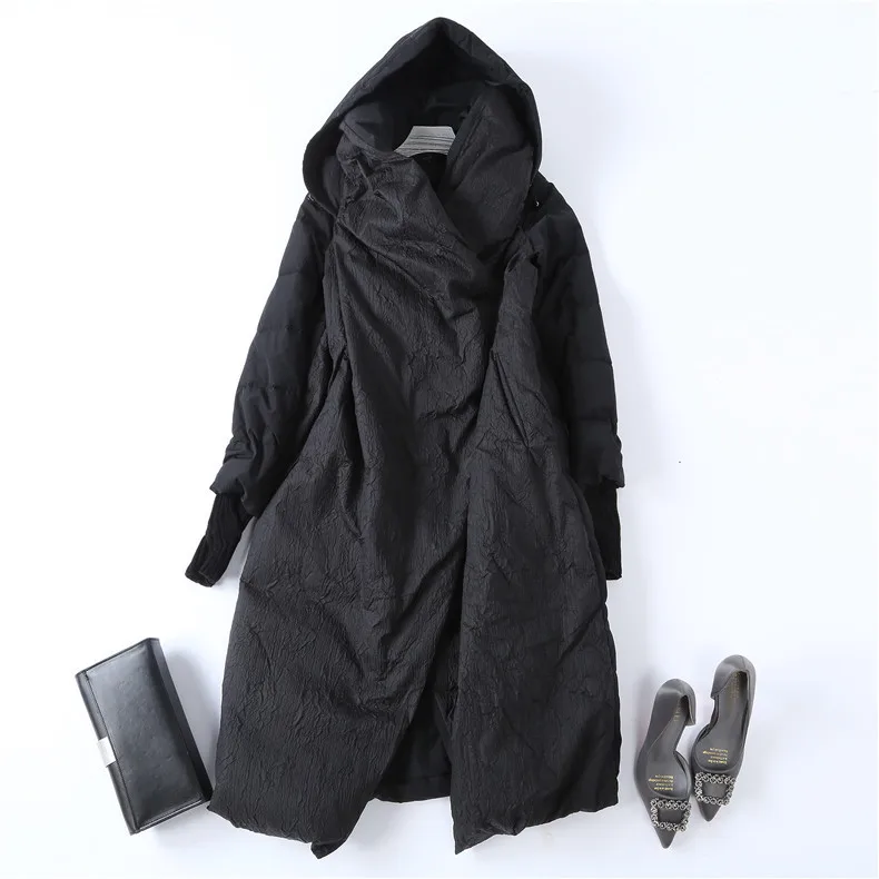 Black And White with Pattern WOMEN'S down Jacket Hooded Coat Autumn And Winter New Style Origional Pleated Loose White Duck down
