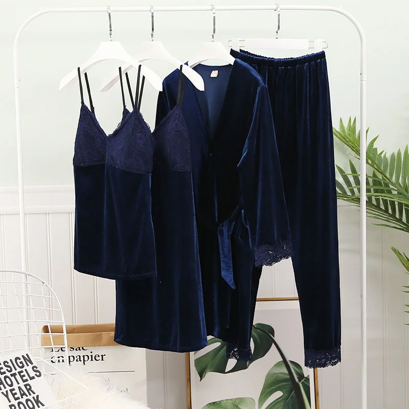 New Women's Robe& Gown Set Gold Velvet Long Sleeve And Pants 4 Pieces Winter Sleepwear Sexy Lace Home Clothes With Chest pad