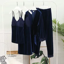 New Women's Robe& Gown Set Gold Velvet Long Sleeve And Pants 4 Pieces Winter Sleepwear Sexy Lace Home Clothes With Chest pad