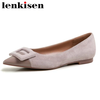 

Lenksien 2020 new fashion brand women flats genuine leather pointed toe square buckle decorations streetwear summer shoes L26