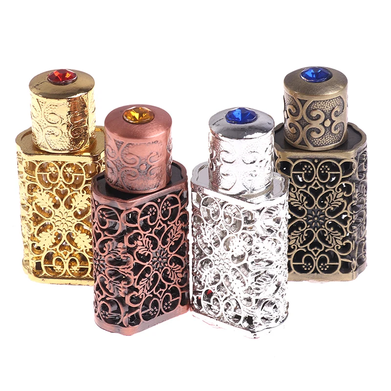 3ml Antiqued Metal Empty Perfume Bottle Arab Style Essential Oils Bottle Container Alloy Glass Bottle