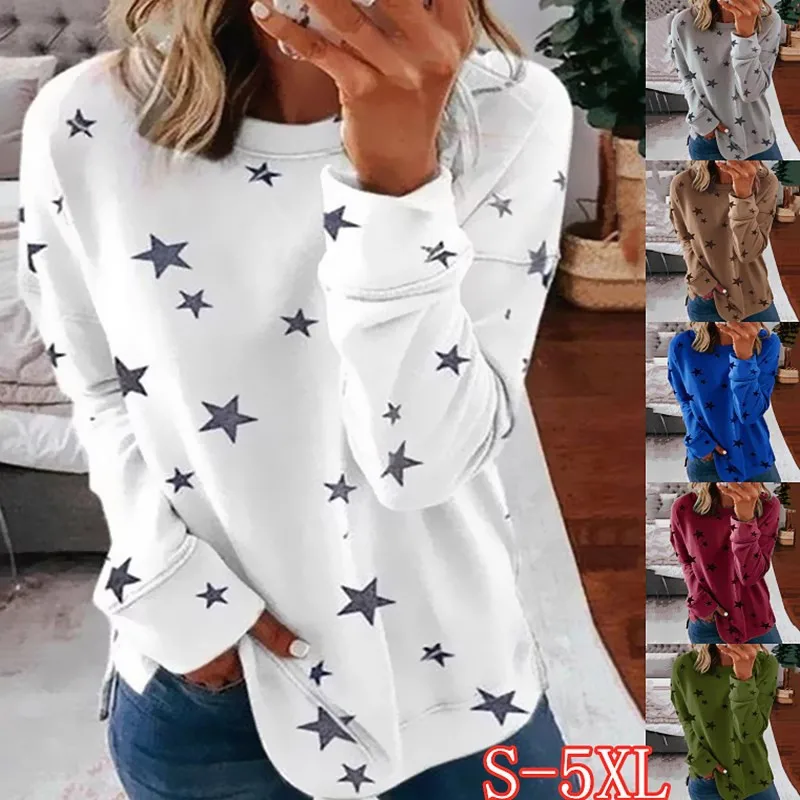 T-Shirt Women White Tee Long-Sleeve Pentagram-Printed Big-Size Casual-Top O-Neck Loose
