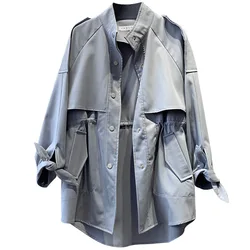 Trench coat feminino outono moda blusão cordão casual folgado roupas gola alta mulheres primavera 2020