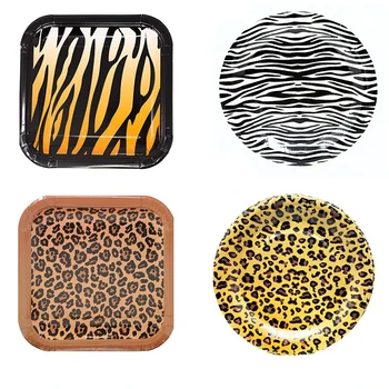 

Leopard Print Series Paper Plates Napkins Straw Tablecloth Disposable Tableware Set Animal Stripe Theme Party Supply Decoration
