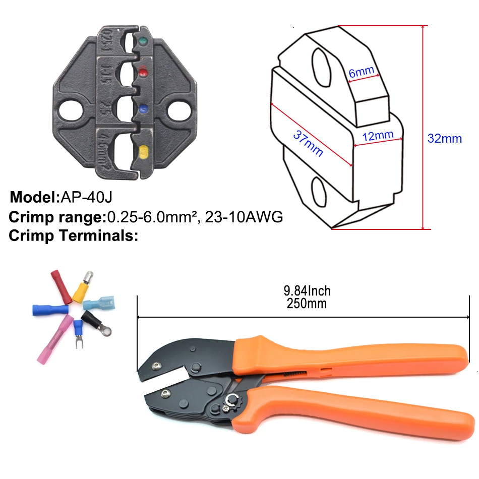 Обжимной инструмент 250 мм трещотка провода щипцы и сменные штампы для термоусадочных разъемов неизолированные наконечники - Цвет: 40J