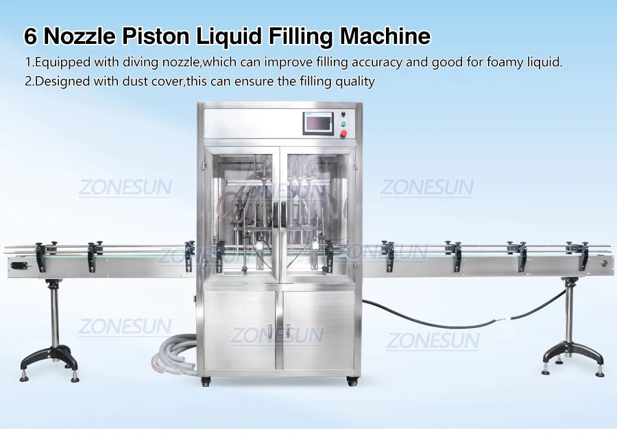 ZONESUN ZS-YTDC6 Fully Automatic 6 Heads Piston Pump Bleach Soap Shampo Linear Liquid Filling Machine With Dust Cover