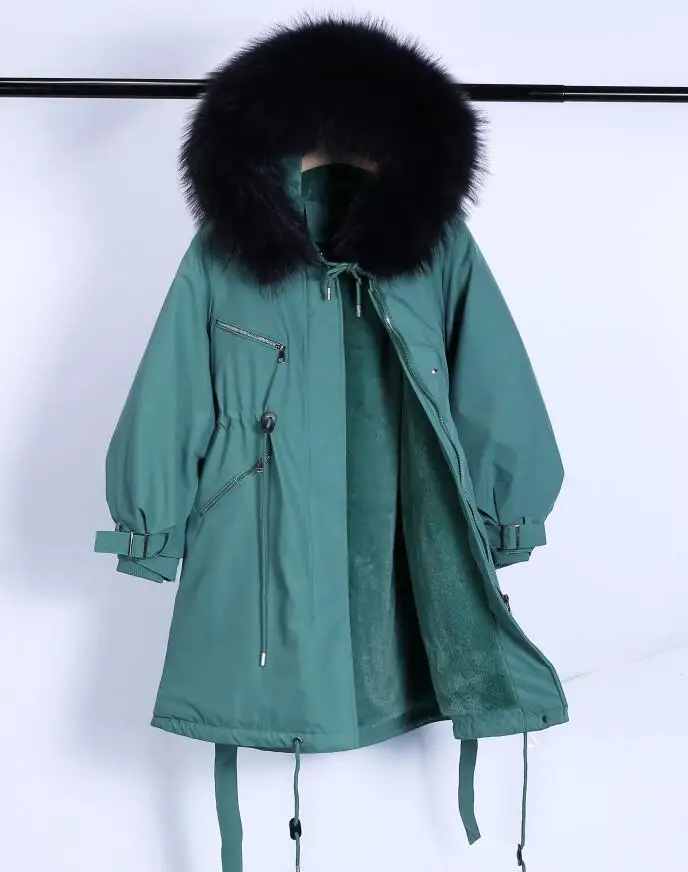 Большой натуральный мех енота зимняя куртка женская с капюшоном Длинные парки для женщин толстый тонкий пуховик Зимнее пальто Женская водонепроницаемая - Цвет: green color black