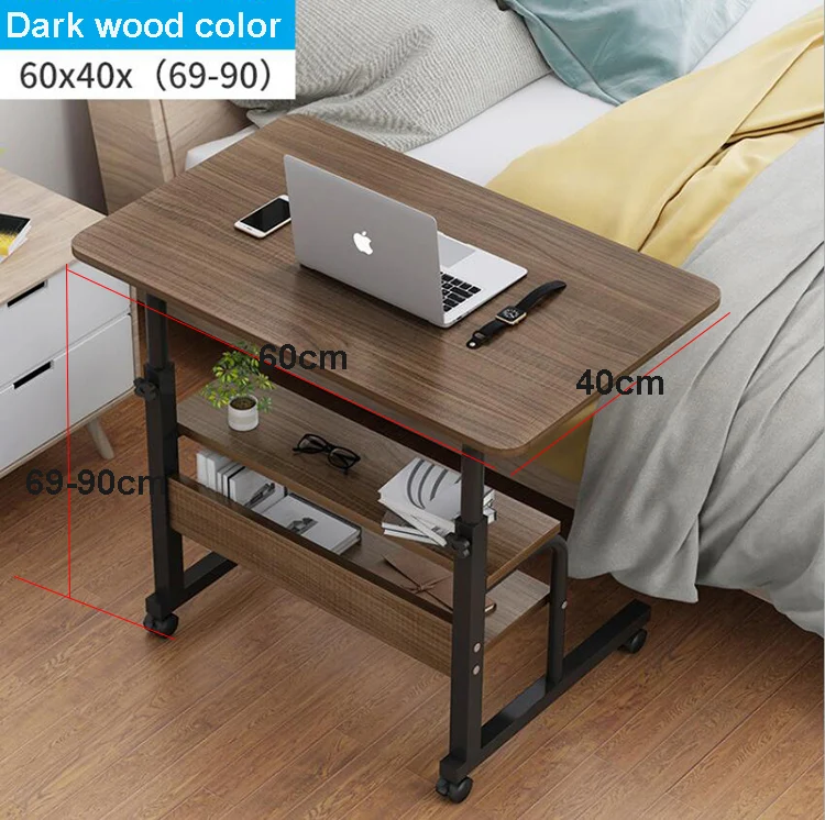 Dark wood color A Деревянный стол для ноутбука с колесами, полка для хранения, регулируемая высота, стол для ноутбука, компьютерная подставка, стол для дивана, кровати, рядом - Цвет: Dark wood color A
