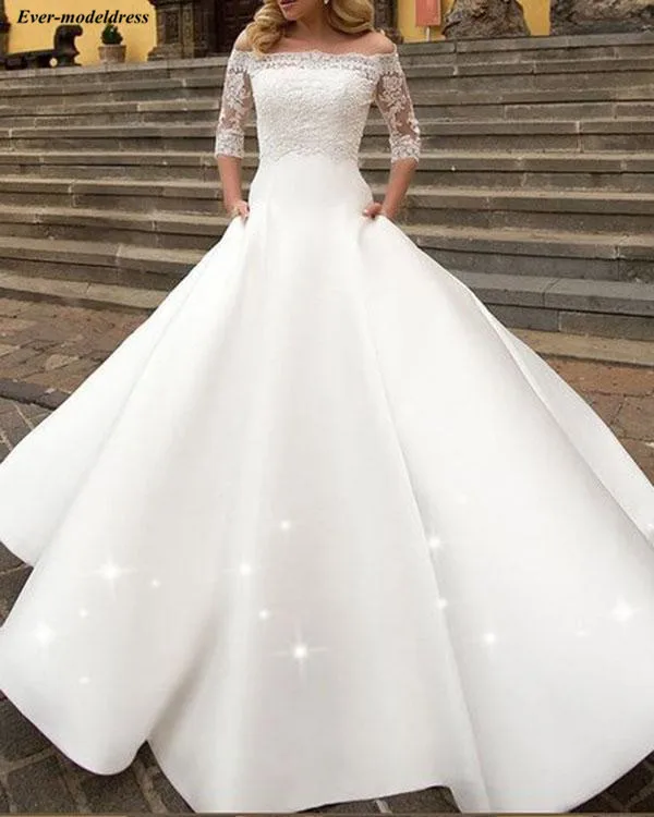 

Simple Satin Wedding Dresses With Lace Jacket Off Shoulder Button Back Sweep Train Elegant Bridal Gowns Vestido de noiva