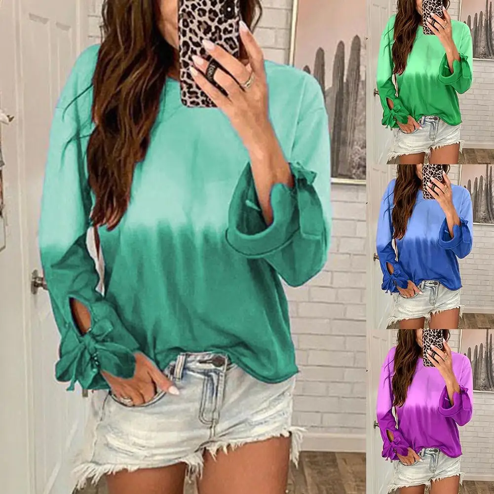 

Women Gradient Color Bandage Long Sleeve O Neck Loose Sweatshirt Blouse Top