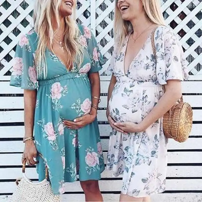 

2020 Summer Women's Pregnant Dresses Loose Floral Beach Boho Gowns Short Sleeve Female Mini Wear Ladies V-neck Flower Dress