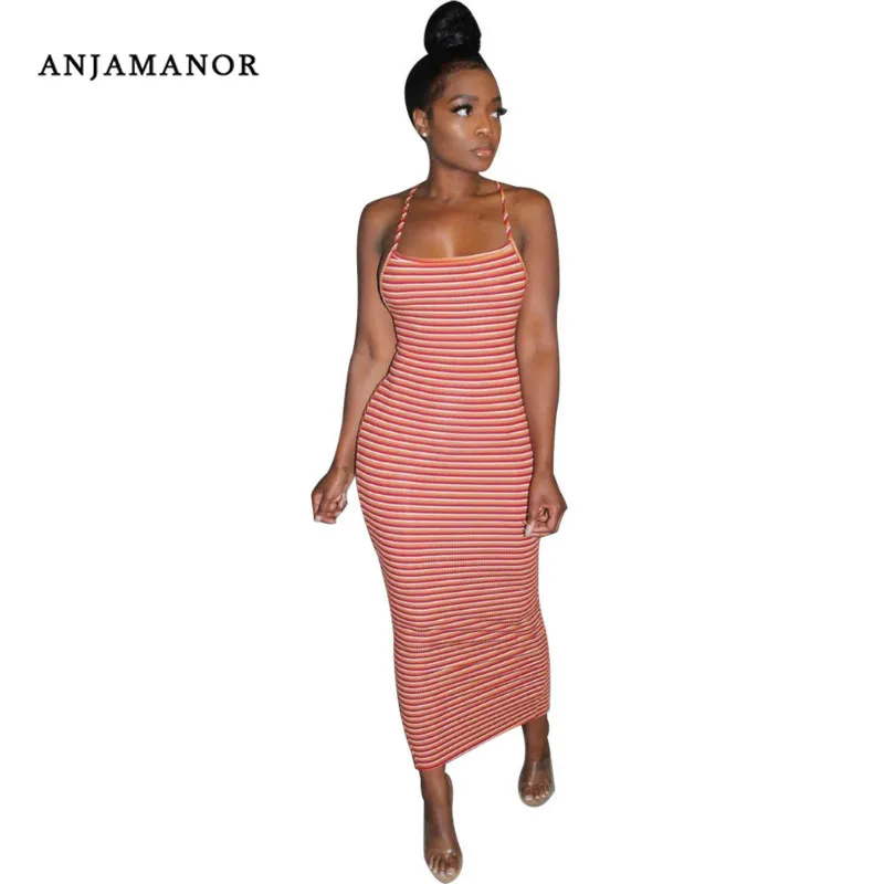 

ANJAMANOR Red Striped Backless Bodycon Long Maxi Dress Womens Fall Fashion Sexy Night Club Dresses Ropa Mujer 2019 D35-AD85